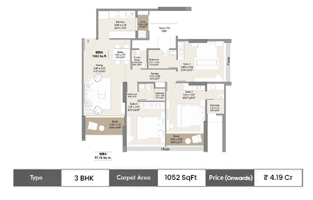3 BHK 1052 SqFt